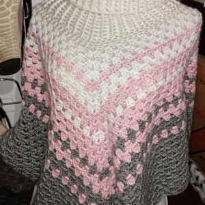 Handmade Crochet Elegant Pink and Gray Poncho